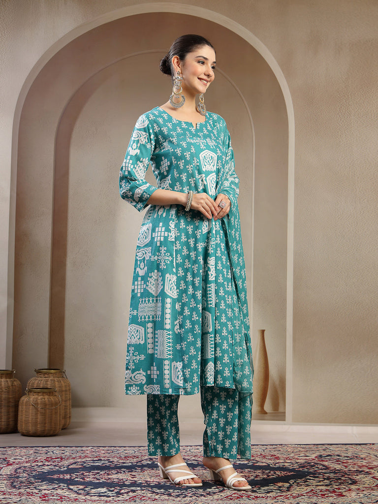 Women's Sea Green Printed Cotton Flared Kurta Pant Dupatta Set