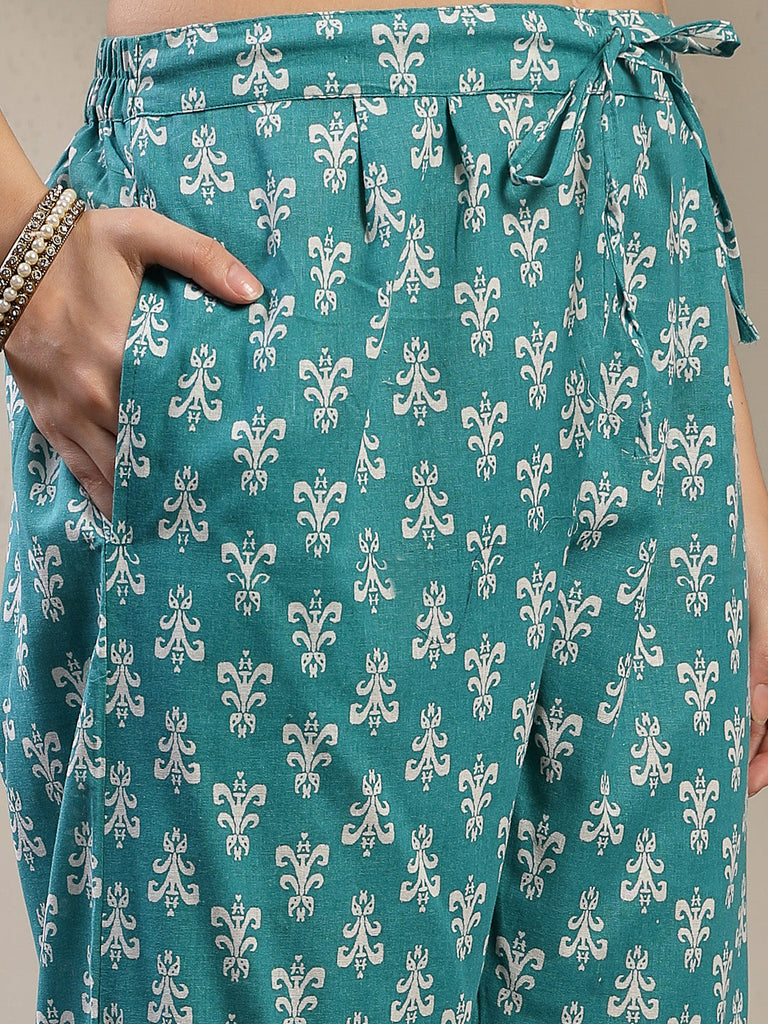 Women's Sea Green Printed Cotton Flared Kurta Pant Dupatta Set