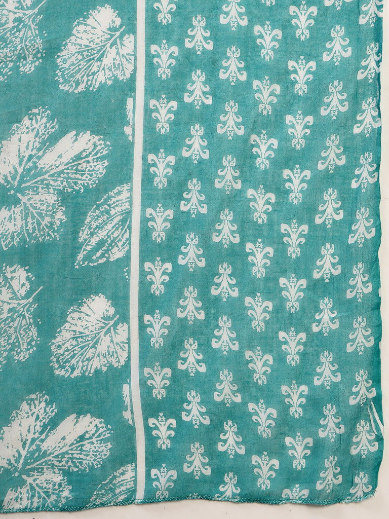 Women's Sea Green Printed Cotton Flared Kurta Pant Dupatta Set