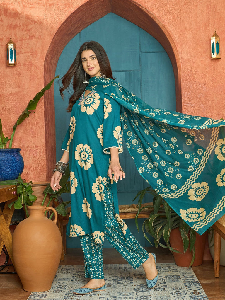 Women's Sky Blue Floral Printed Cotton Straight Kurta Pant Dupatta Set