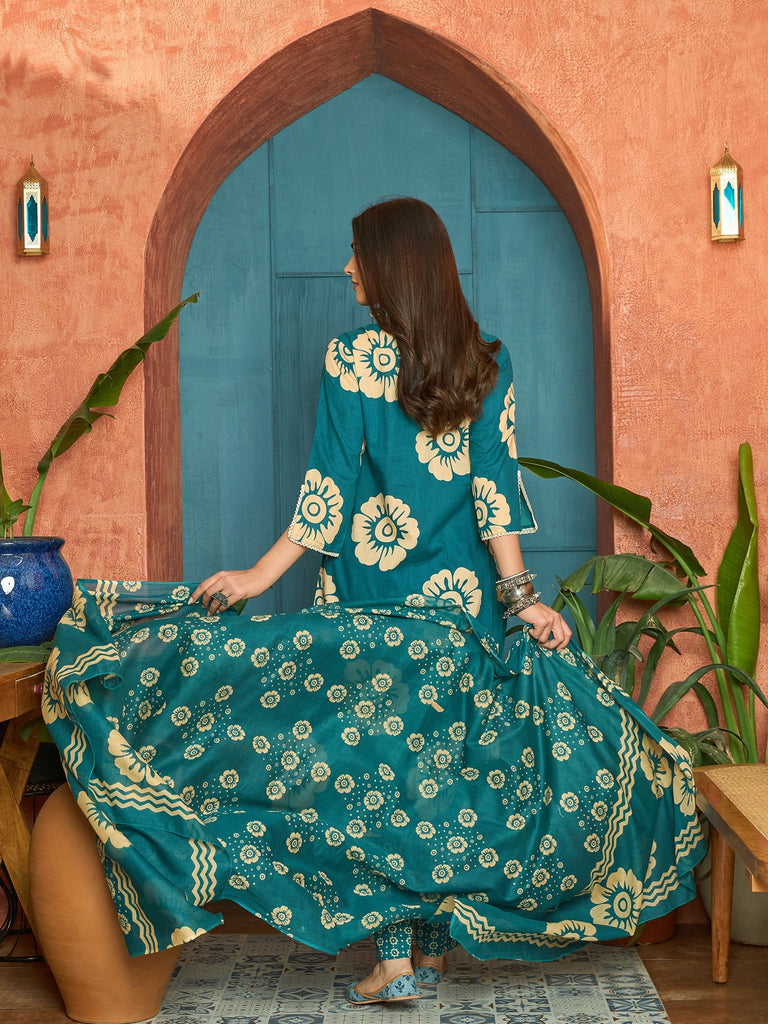 Women's Sky Blue Floral Printed Cotton Straight Kurta Pant Dupatta Set