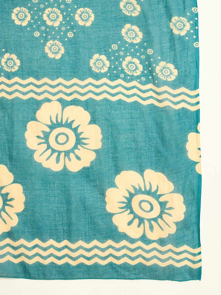 Women's Sky Blue Floral Printed Cotton Straight Kurta Pant Dupatta Set