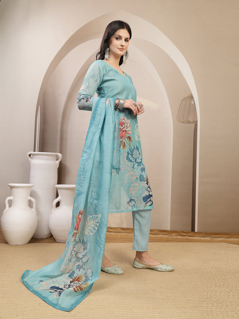 Women's Sky Blue Floral Printed Chanderi Silk Straight Kurta Pant Dupatta Set
