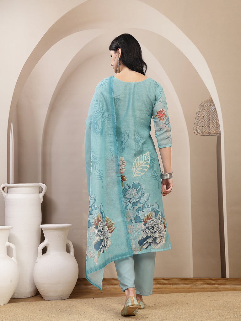 Women's Sky Blue Floral Printed Chanderi Silk Straight Kurta Pant Dupatta Set