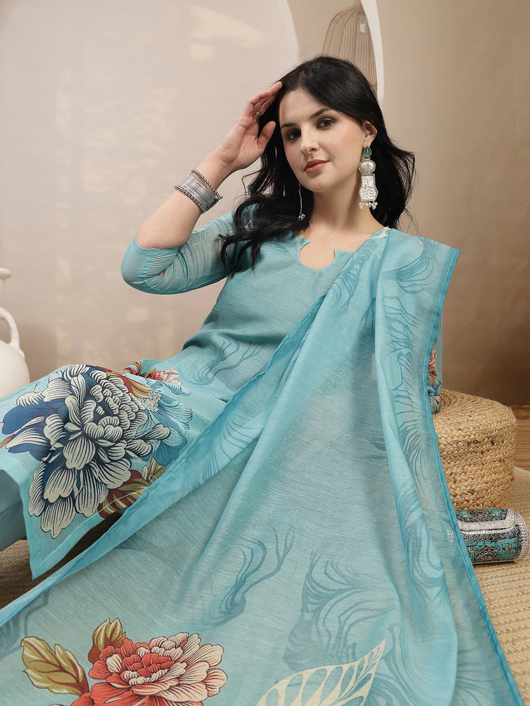 Women's Sky Blue Floral Printed Chanderi Silk Straight Kurta Pant Dupatta Set