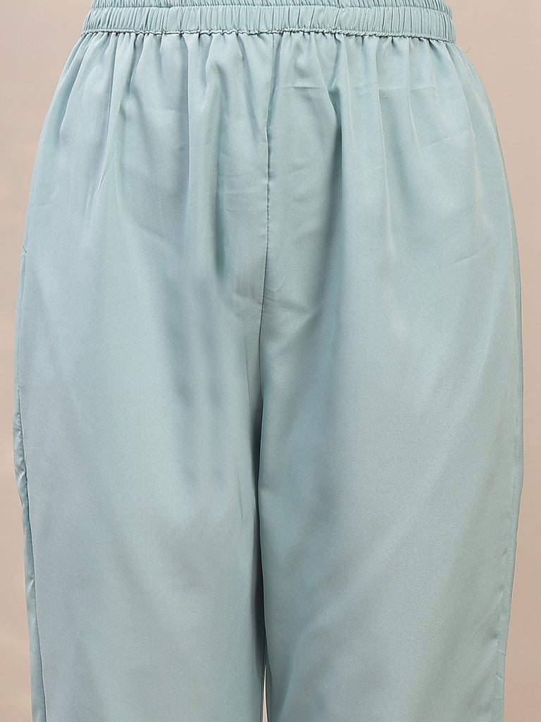 Women's Sky Blue Floral Printed Chanderi Silk Straight Kurta Pant Dupatta Set