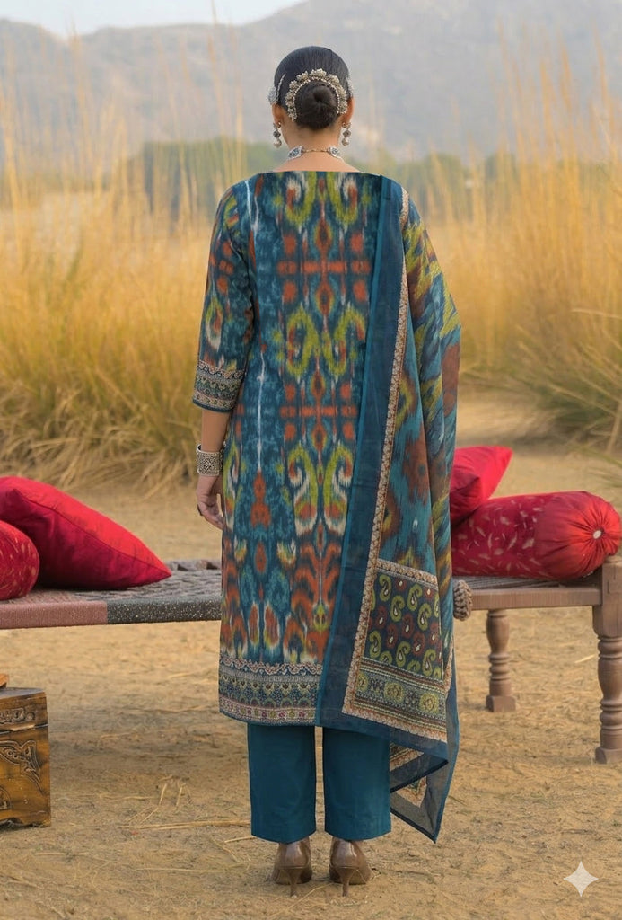 Women's Teal Ikat Printed Cotton Straight Kurta Pant Dupatta Set