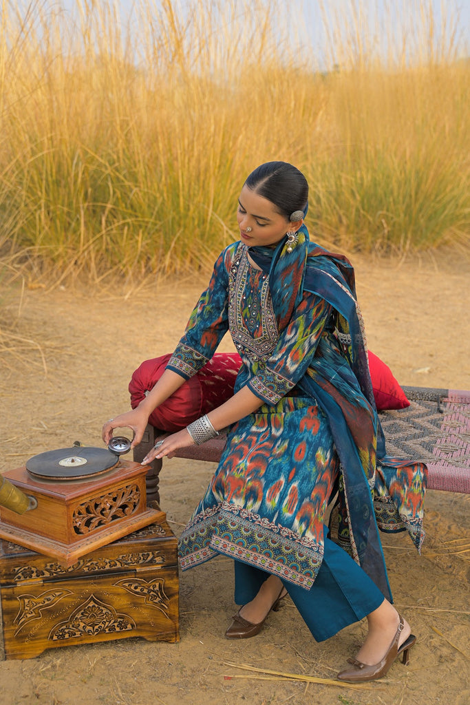 Women's Teal Ikat Printed Cotton Straight Kurta Pant Dupatta Set