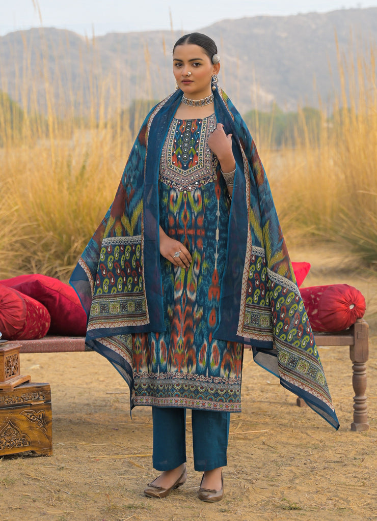 Women's Teal Ikat Printed Cotton Straight Kurta Pant Dupatta Set