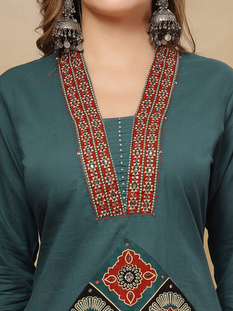 Women's Teal Solid Cotton A-Line Kurta Pant Dupatta Set