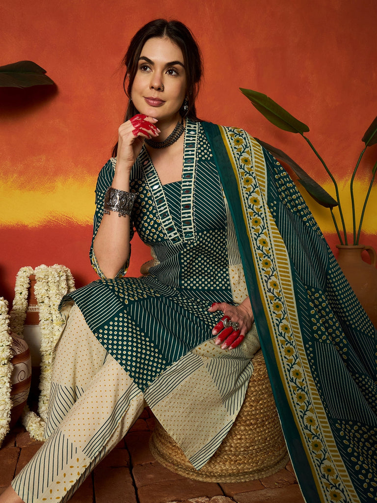 Women's Teal Printed Cotton Straight Kurta Pant Dupatta Set
