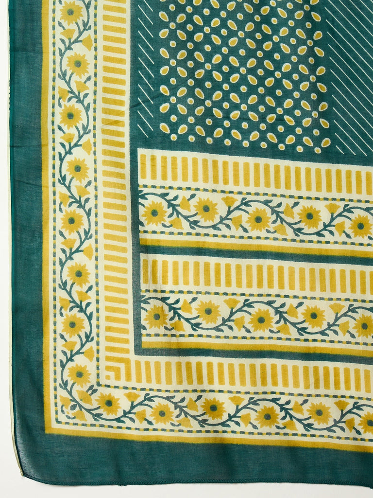 Women's Teal Printed Cotton Straight Kurta Pant Dupatta Set