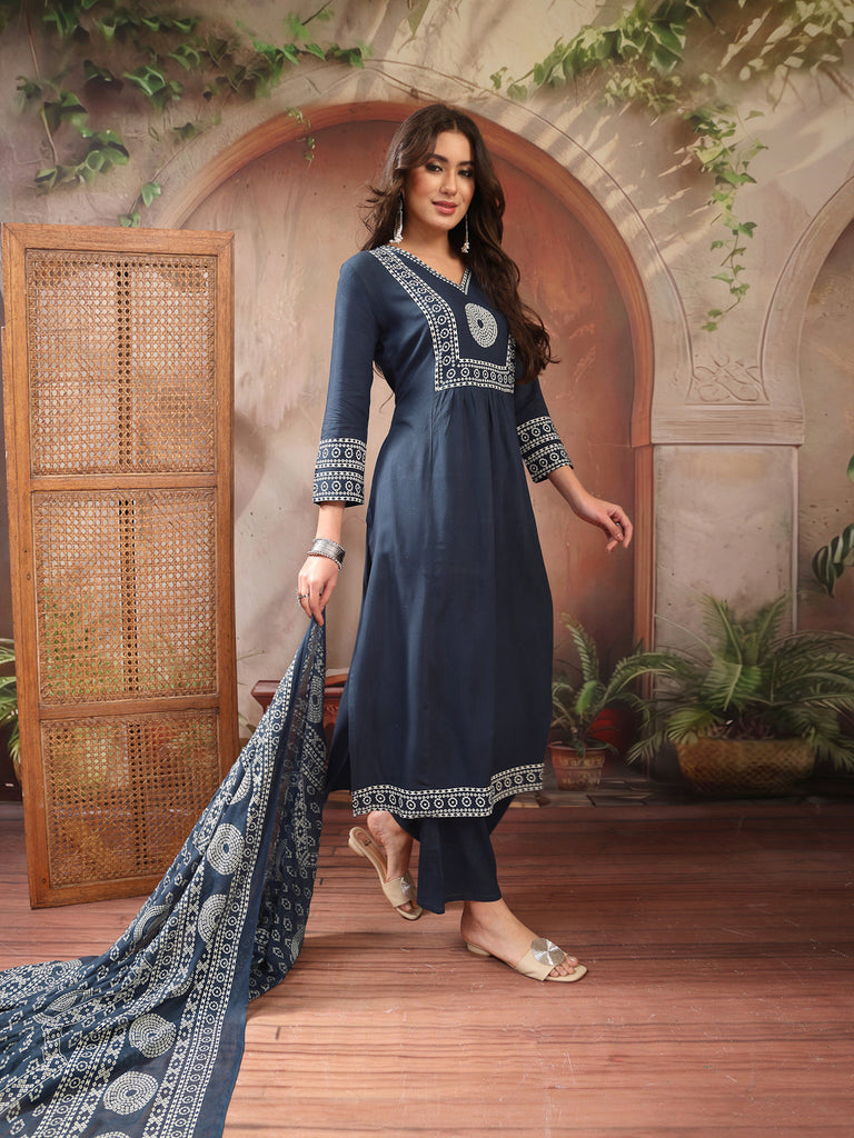 Women's Teal Solid Cotton A-Line Kurta Palazzo Dupatta Set
