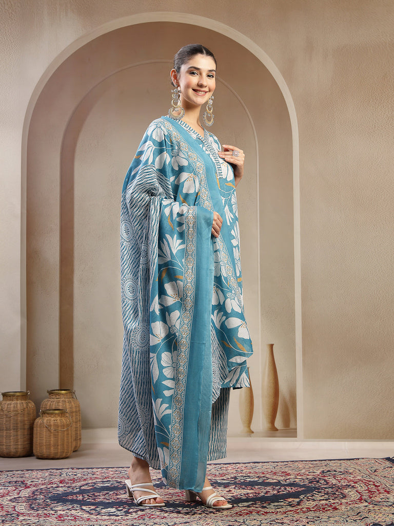 Women's Turquoise Floral Printed Cotton Straight Kurta Pant Dupatta Set