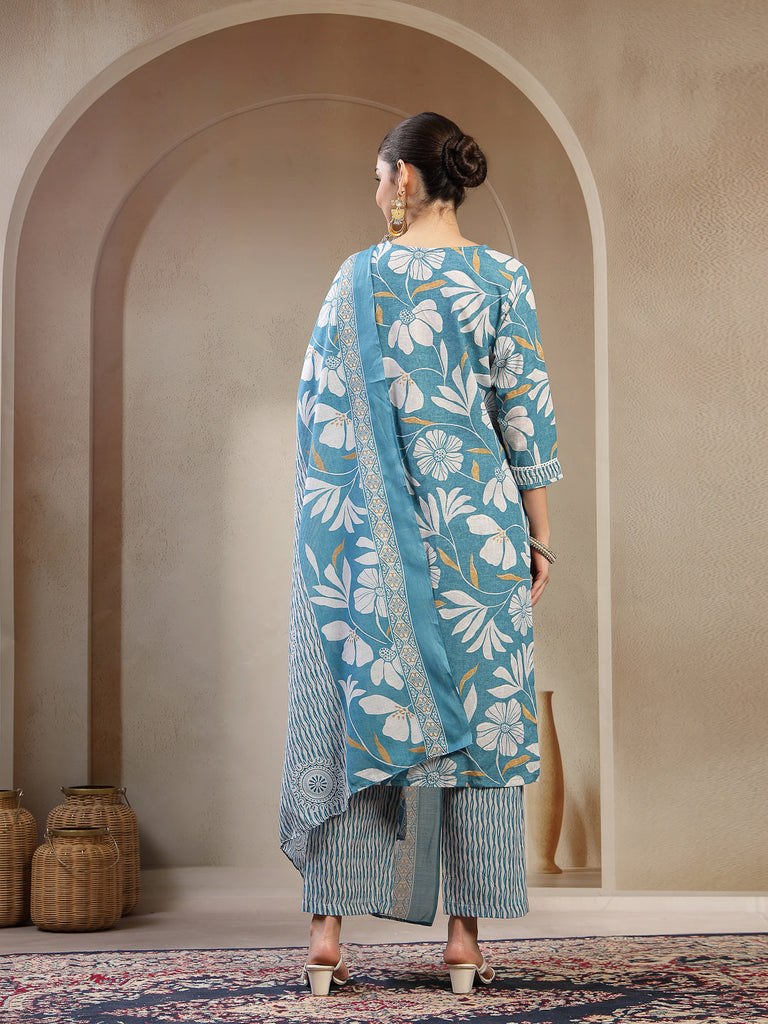 Women's Turquoise Floral Printed Cotton Straight Kurta Pant Dupatta Set