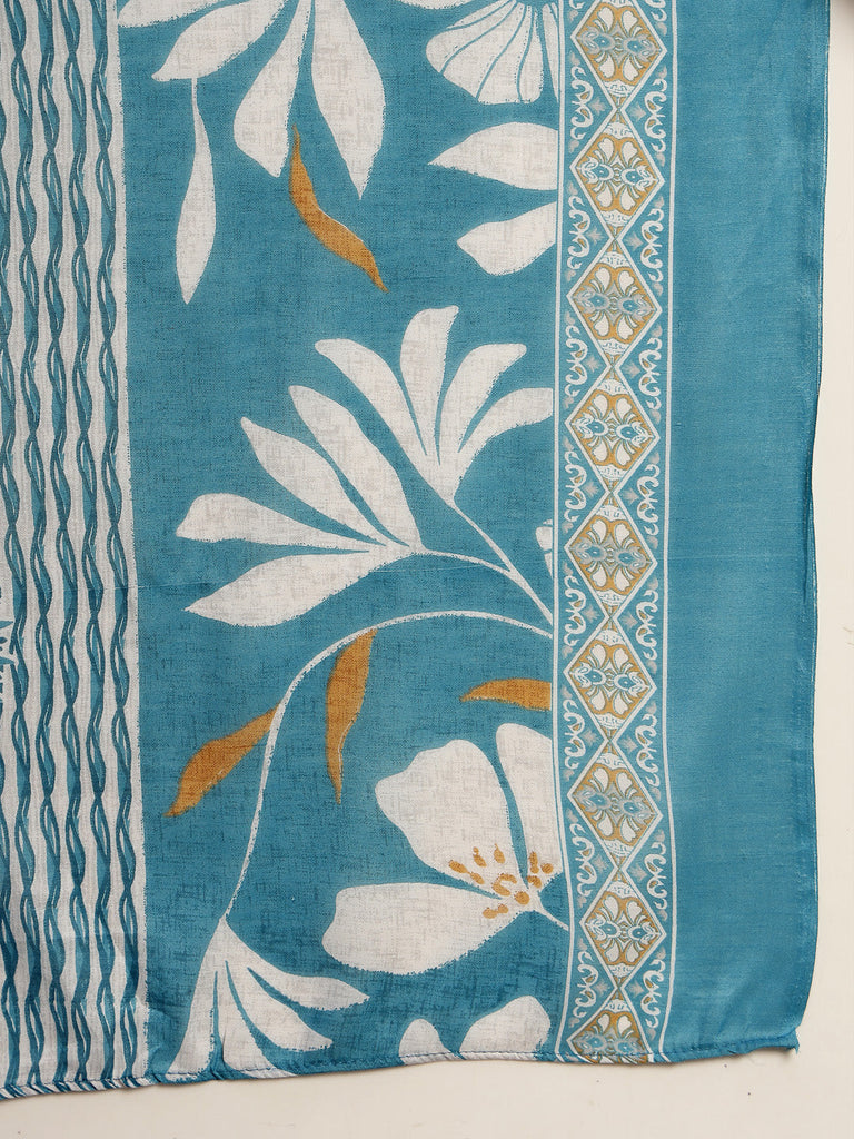 Women's Turquoise Floral Printed Cotton Straight Kurta Pant Dupatta Set