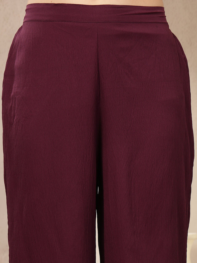 Women's Violet Solid & Embroidered Crepe A-Line Kurta Pant Dupatta Set