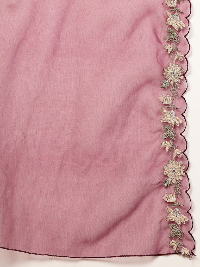 Women's Violet Solid & Embroidered Crepe A-Line Kurta Pant Dupatta Set
