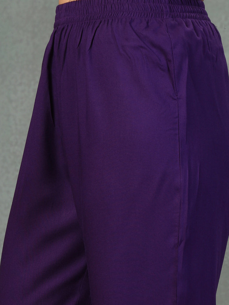 Women's Violet Floral Printed & Embroidered Rayon A-Line Kurta Pant Dupatta Set