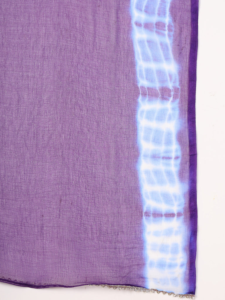 Women's Violet Floral Printed & Embroidered Rayon A-Line Kurta Pant Dupatta Set