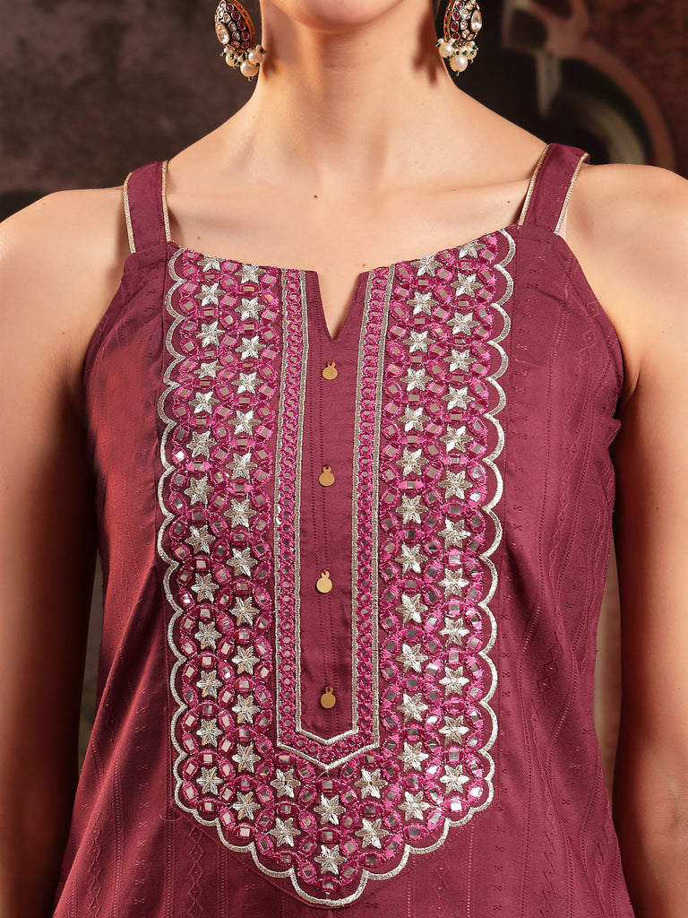 Women's Wine Woven Design & Embroidered Cotton Blend Straight Kurta Palazzo Dupatta Set