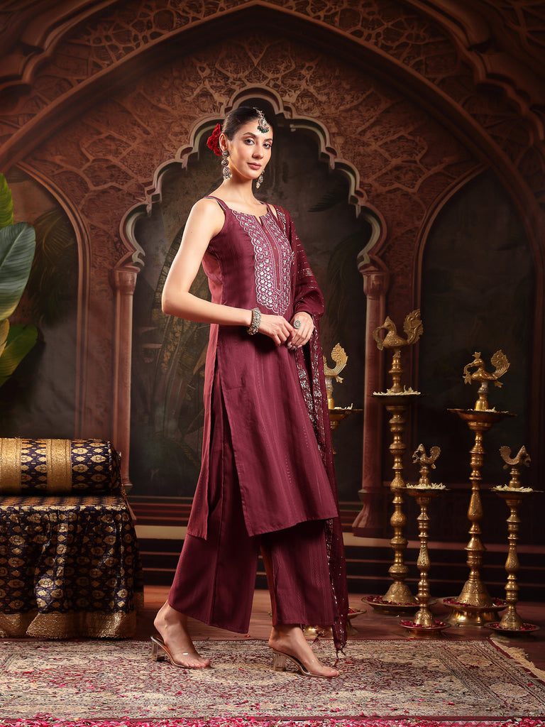 Women's Wine Woven Design & Embroidered Cotton Blend Straight Kurta Palazzo Dupatta Set