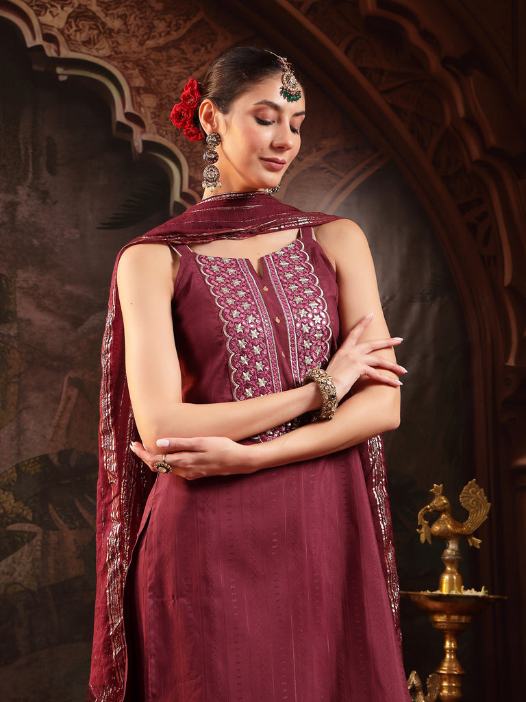Women's Wine Woven Design & Embroidered Cotton Blend Straight Kurta Palazzo Dupatta Set