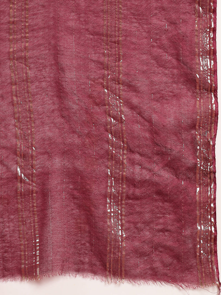 Women's Wine Woven Design & Embroidered Cotton Blend Straight Kurta Palazzo Dupatta Set
