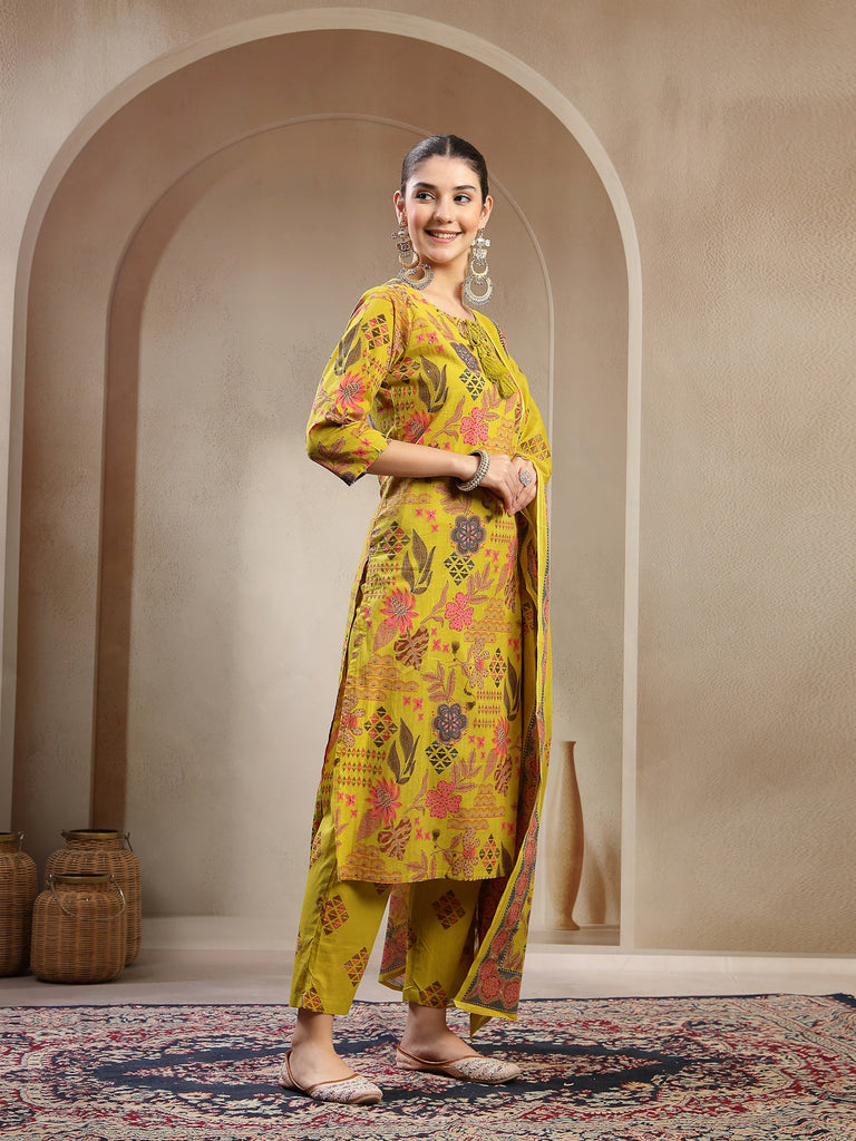 Women's Yellow Floral Printed Cotton Straight Kurta Pant Dupatta Set