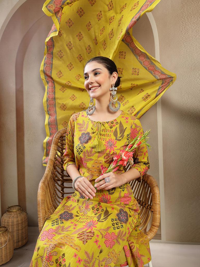 Women's Yellow Floral Printed Cotton Straight Kurta Pant Dupatta Set