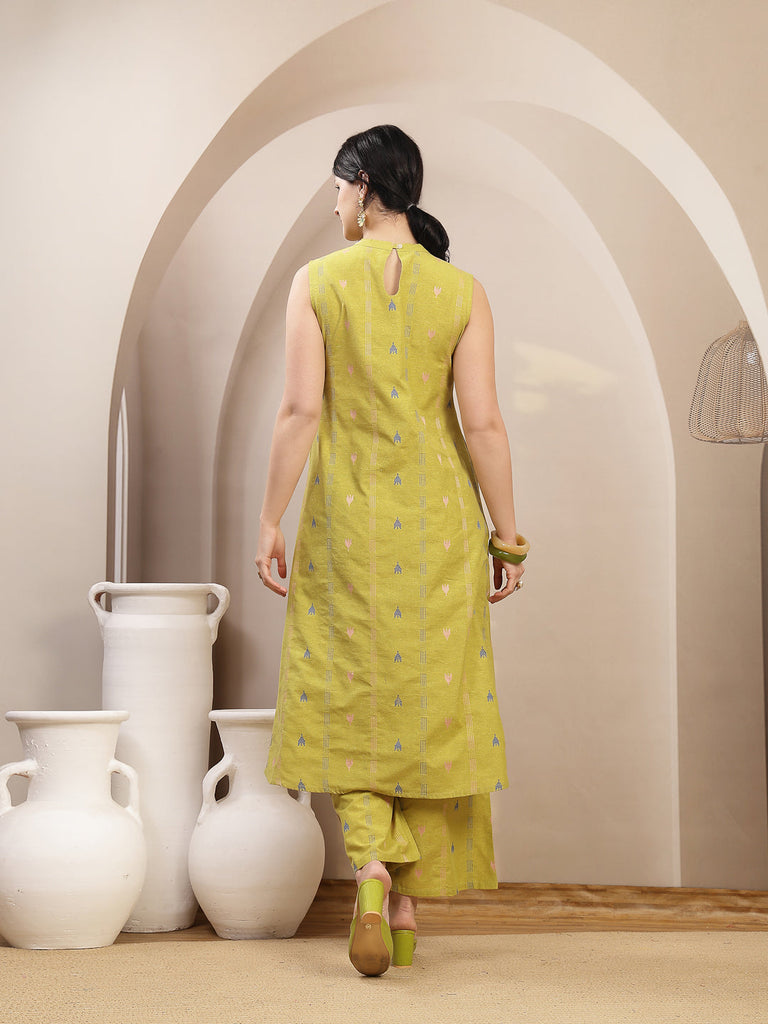 Women's Green Woven Design Kantha Cotton A-Line Kurta Palazzo Set