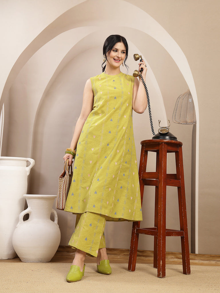 Women's Green Woven Design Kantha Cotton A-Line Kurta Palazzo Set