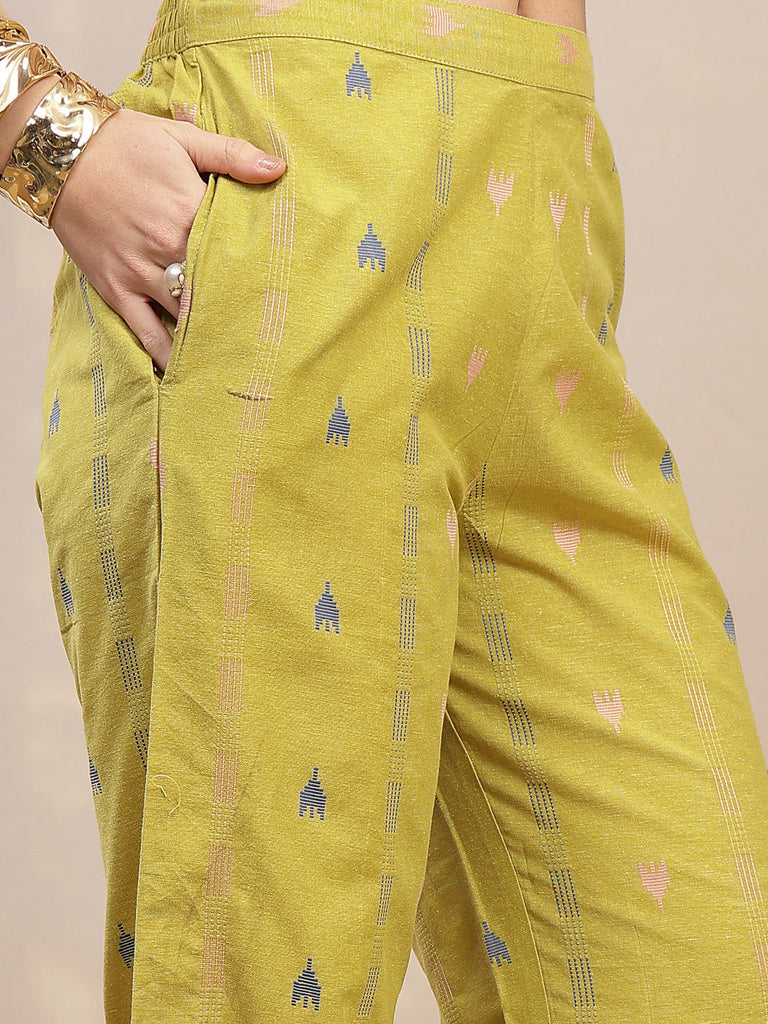 Women's Green Woven Design Kantha Cotton A-Line Kurta Palazzo Set