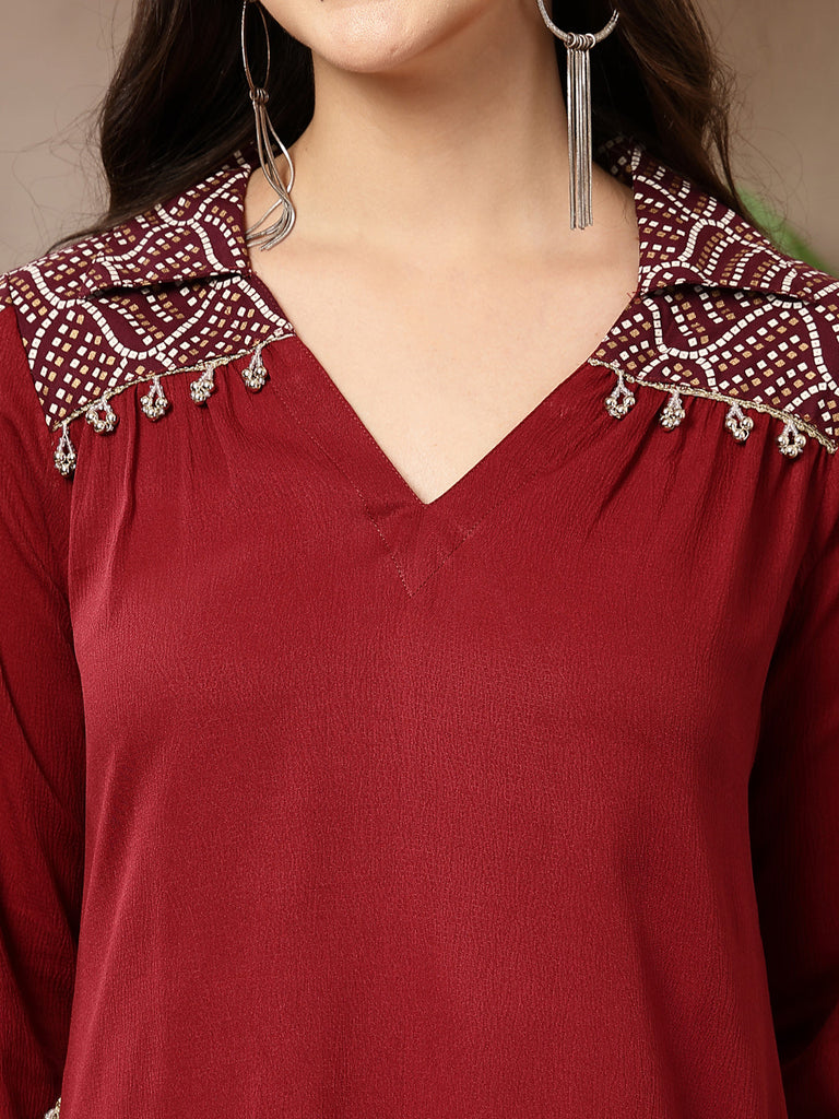Women's Maroon Solid Crepe A-Line Kurta Pant Set