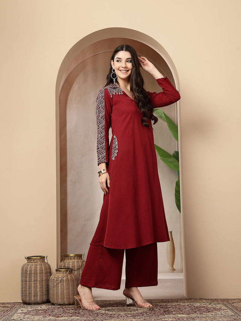 Women's Maroon Solid Crepe A-Line Kurta Pant Set