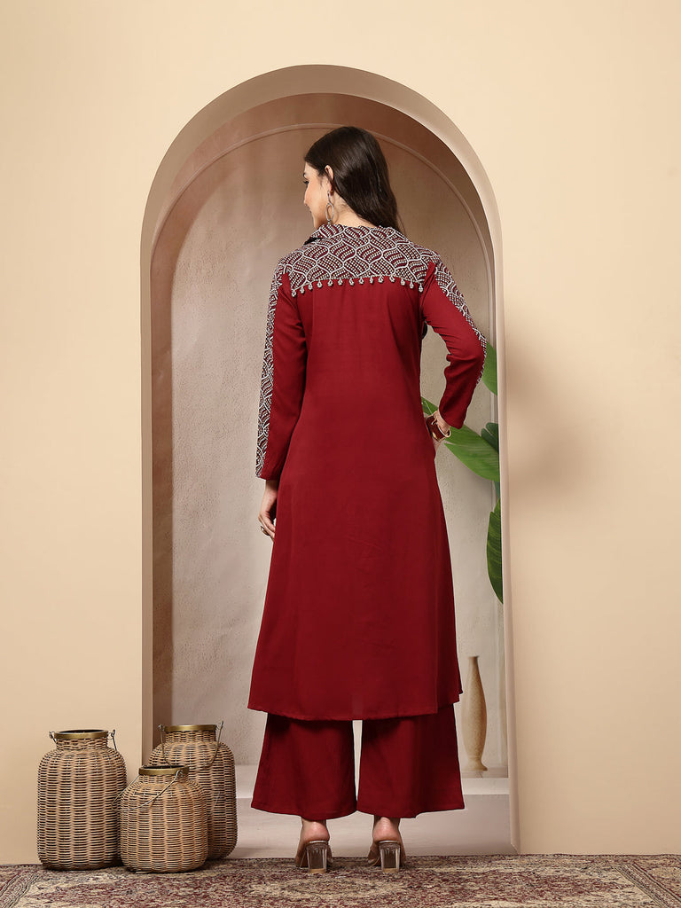 Women's Maroon Solid Crepe A-Line Kurta Pant Set
