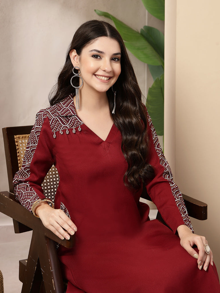 Women's Maroon Solid Crepe A-Line Kurta Pant Set