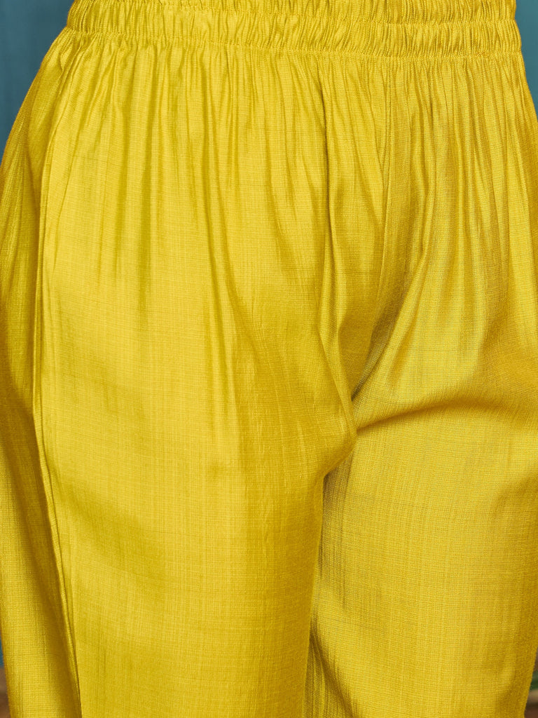 Women's Mustard Solid & Embroidered Poly Silk A-Line Kurta Pant Set