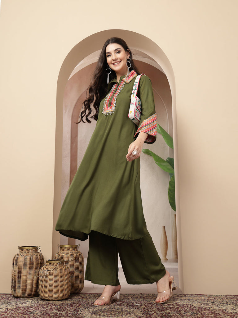 Women's Olive Solid & Embroidered Rayon A-Line Kurta Pant Set
