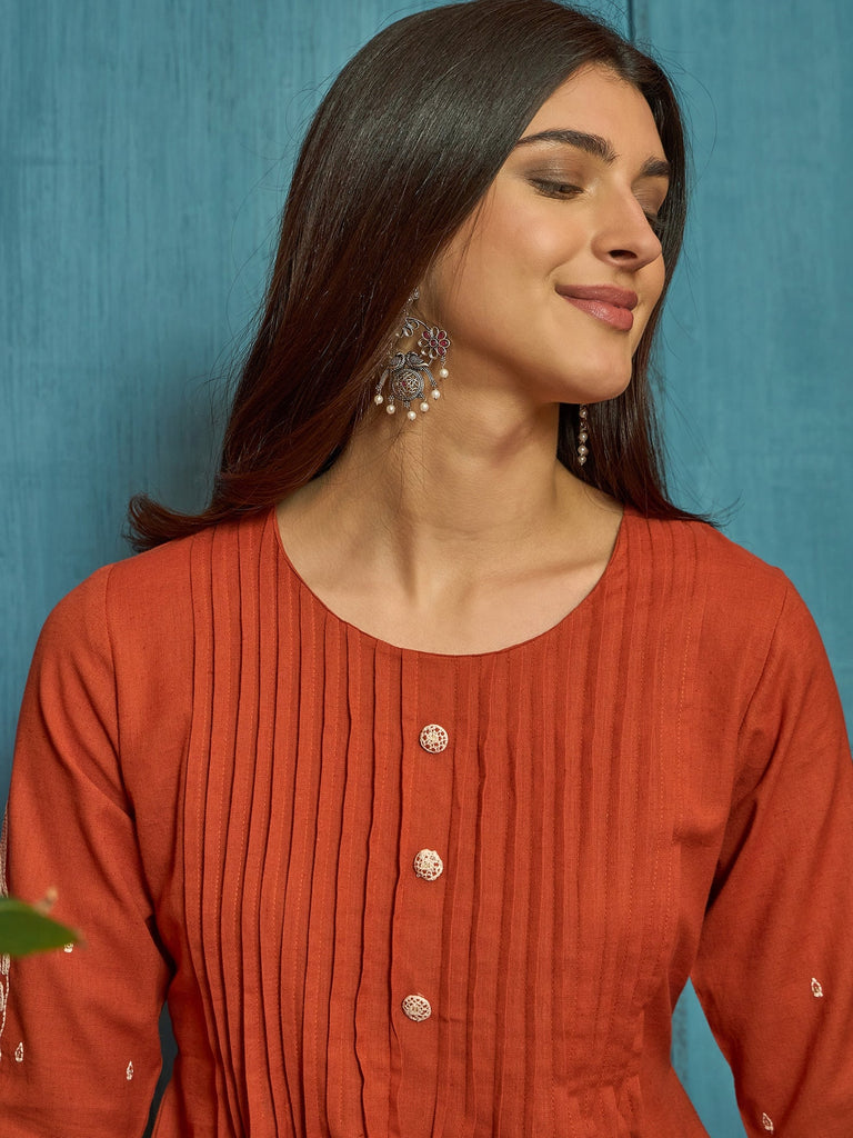 Women's Orange Solid & Embroidered Cotton A-Line Kurta Pant Set