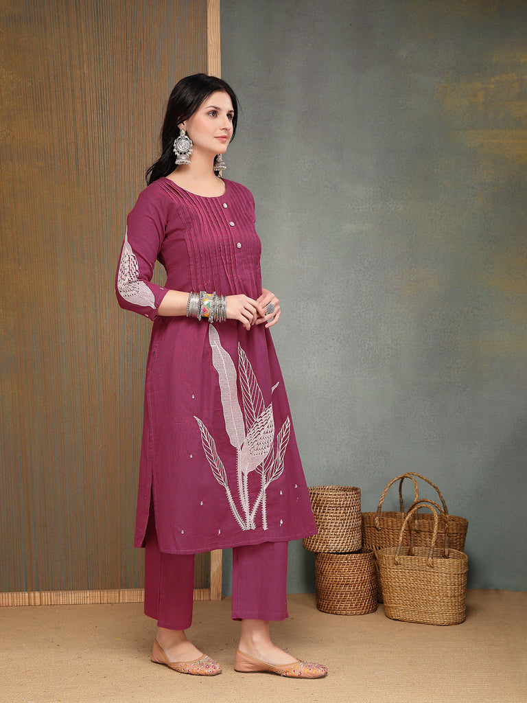 Women's Pink Solid & Embroidered Cotton A-Line Kurta Pant Set