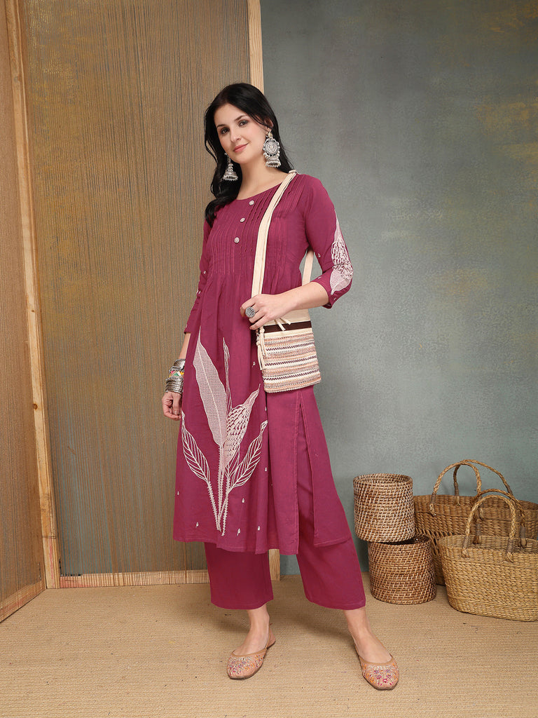 Women's Pink Solid & Embroidered Cotton A-Line Kurta Pant Set
