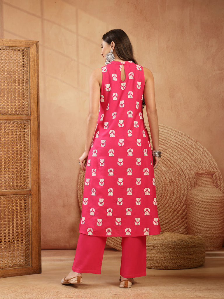 Women's Pink Floral Printed Rayon A-Line Kurta Pant Set
