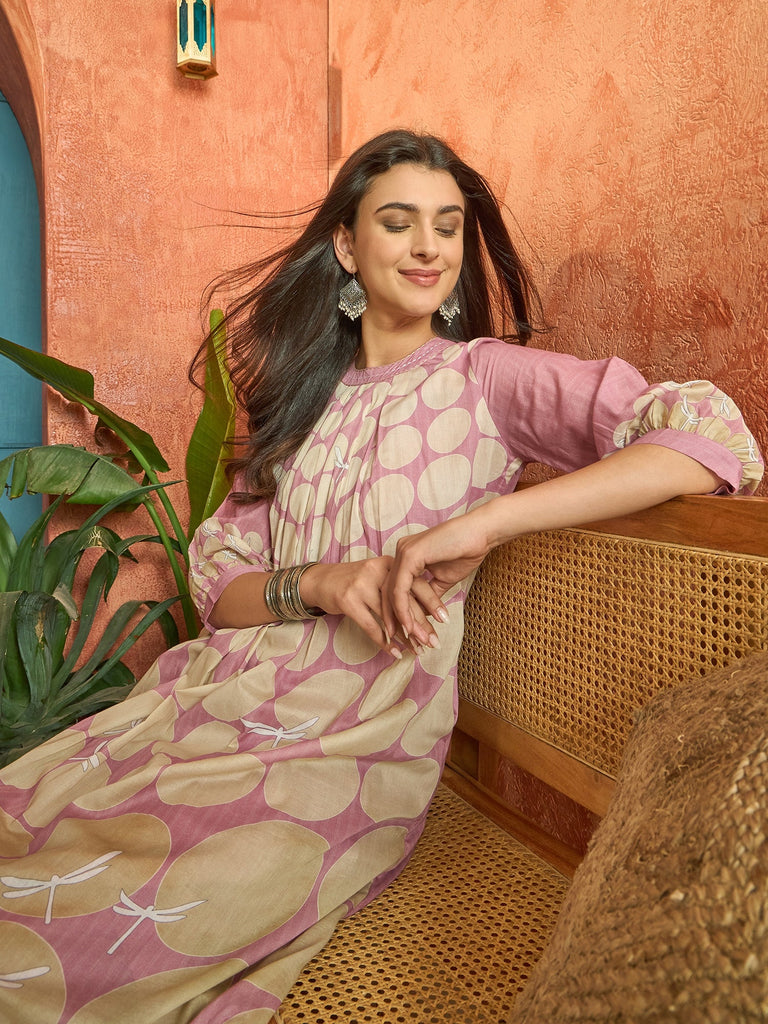 Women's Pink Polka Dots Printed Voile A-Line Kurta Pant Set
