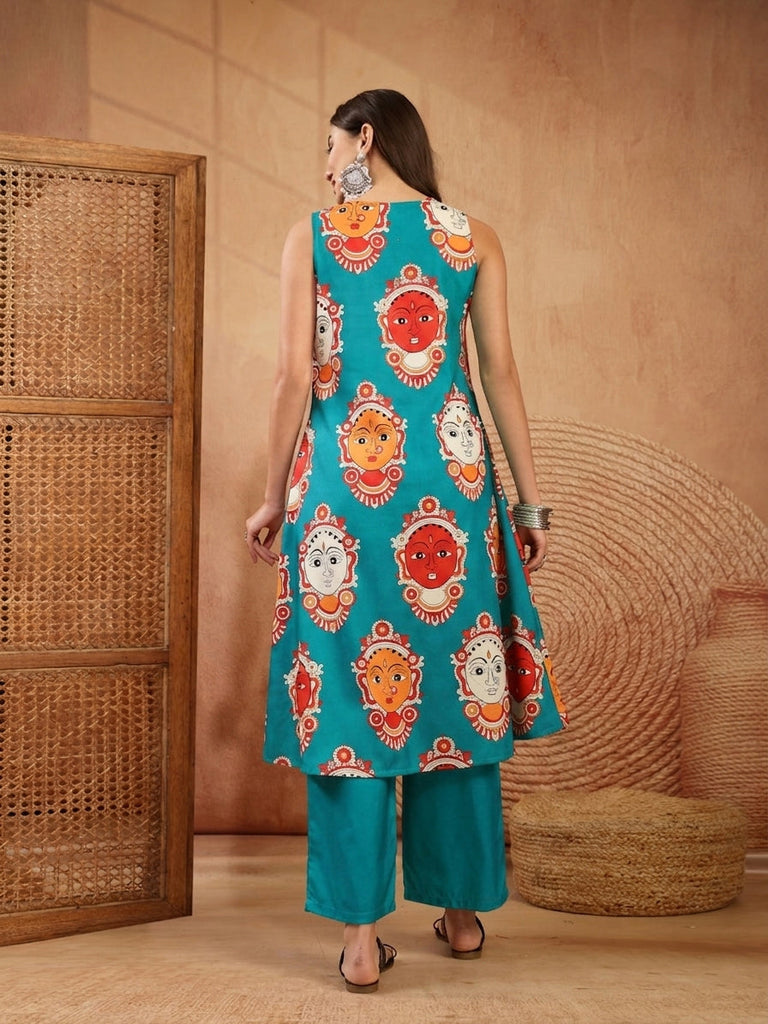 Women's Turquoise Kalamkari Face Printed Rayon A-Line Kurta Palazzo Set