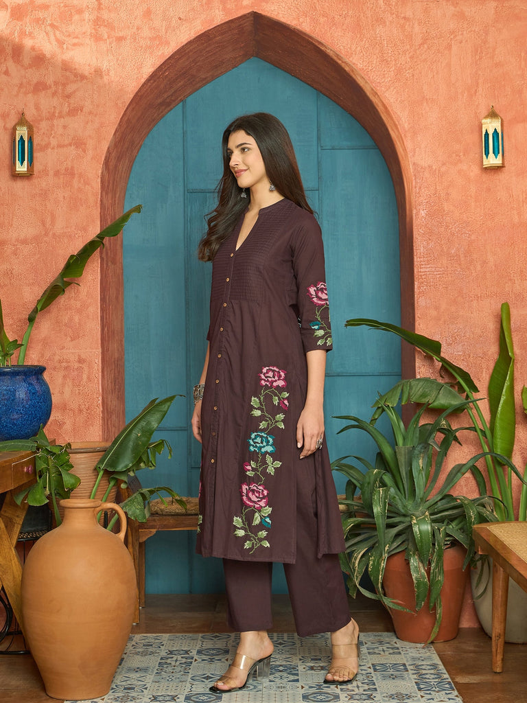 Women's Wine Solid & Embroidered Cotton A-Line Kurta Pant Set