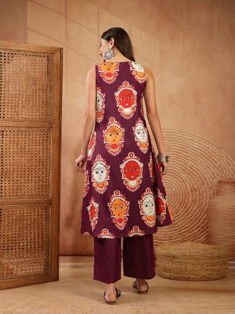 Women's Wine Kalamkari Face Printed Rayon A-Line Kurta Palazzo Set