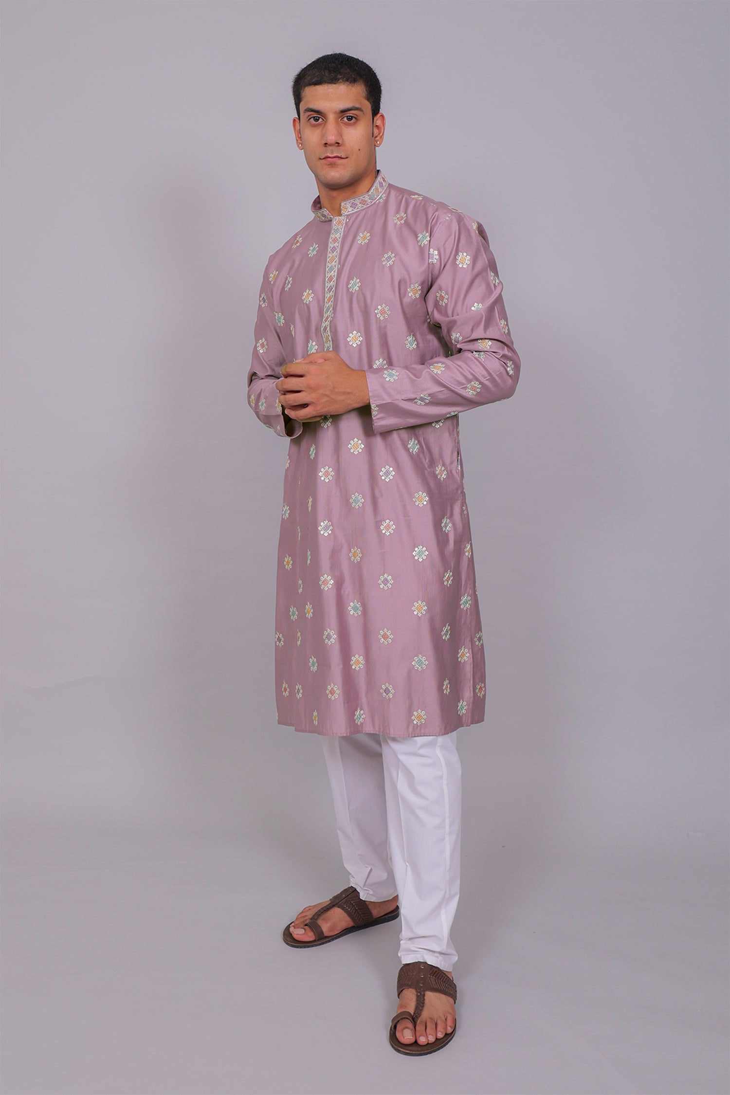 Men's Purple Cotton Sequin & Threadwork Butti With Embroidered Placket Kurta Kurta Set