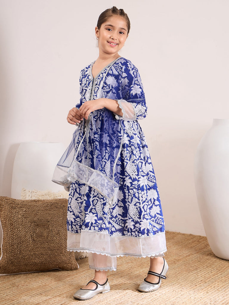 Girls Ethnic Motifs Printed Regular Gotta Patti Cotton Kurta With Palazzos & With Dupatta