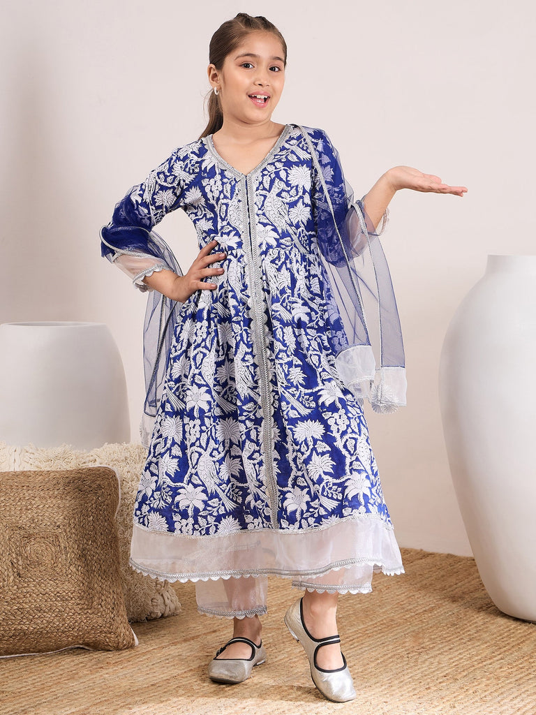 Girls Ethnic Motifs Printed Regular Gotta Patti Cotton Kurta With Palazzos & With Dupatta